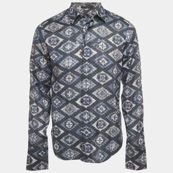 Pre Owned Louis Vuitton Blue/Grey Logo Print Cotton Long Sleeve Shirt M