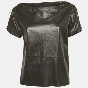 Pre Owned Louis Vuitton Black Leather Zip Detail Top M