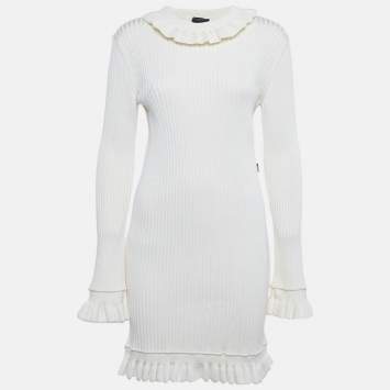Pre Owned Louis Vuitton Ivory Rib Knit Ruffled Mini Dress XL