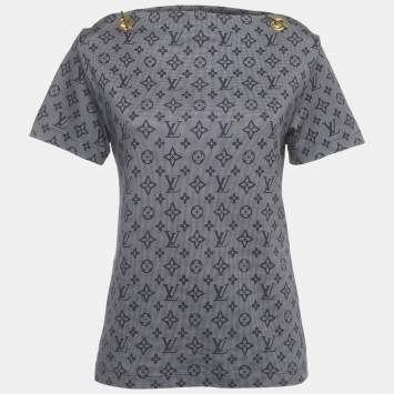 Pre Owned Louis Vuitton Navy Blue Monogram Print Cotton Chain Detail Mahina T-Shirt XS