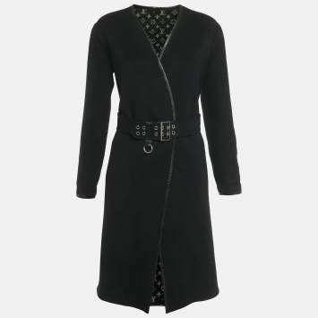 Pre Owned Louis Vuitton Black Wool Open Front Belted Leather Trim Coat S 