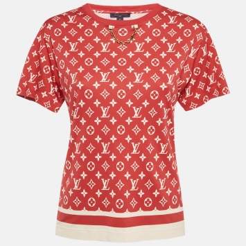 Pre Owned Louis Vuitton Red Logo Print Cotton Knit Chain Detail Crew Neck T-Shirt XS