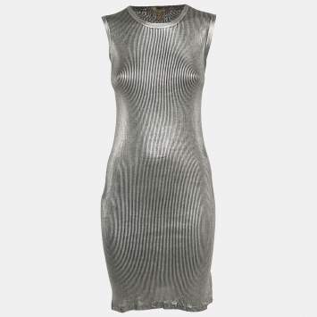 Pre Owned Louis Vuitton Silver Rib Knit Sleeveless Midi Dress M