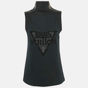 Pre Owned Louis Vuitton Black Logo Print Cotton Zip Detail Sleeveless T-Shirt L