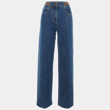 Pre Owned Louis Vuitton Blue Denim Logo Detail Wide Leg Jeans M/Waist 29"