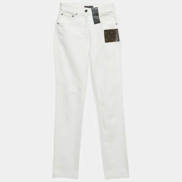 Pre Owned Louis Vuitton White Leather Applique Monogram Denim Jeans S Waist 25"