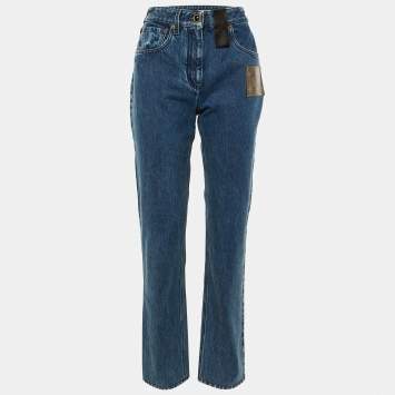 Pre Owned Louis Vuitton Blue Denim Monogram Patch Straight Fit Jeans M/Waist 29"