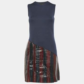 Pre Owned Louis Vuitton Navy Blue Leather Trim Mini Dress S