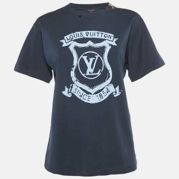 Pre Owned Louis Vuitton Navy Blue LV Crest Print Cotton Zipper Detail T-Shirt M