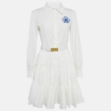 Pre Owned Louis Vuitton White Clove Applique Poplin Tiered Short Dress M
