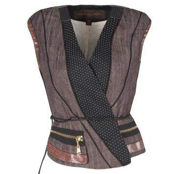Pre Owned Louis Vuitton Paneled Leather Trim Corded Tie Detail Wrap Vest M