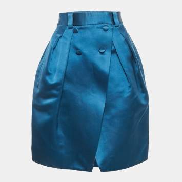 مملوكة مسبقًا Louis Vuitton Blue Silk Buttoned Wrap Skirt M