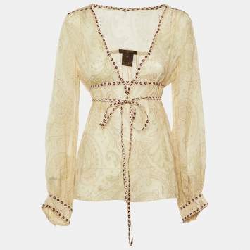 مملوكة مسبقًا Louis Vuitton Vintage Beige Paisley Print Silk Sheer Blouse M