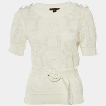 مملوكة مسبقًا Louis Vuitton Ivory Perforated Knit Belted Jumper M 