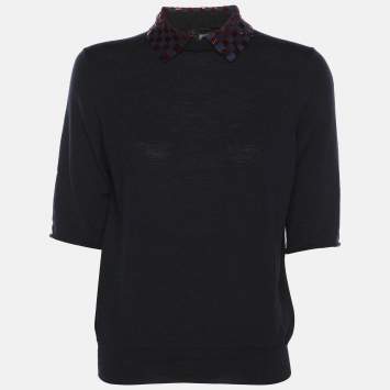 Pre Owned بلوزة لوي فيتون صوف كحلي ياقة قابلة للفصل صغيرة