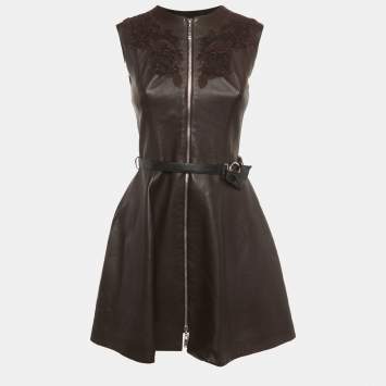 Pre Owned Louis Vuitton Brown Leather Belted Lace Detail Mini Dress S 
