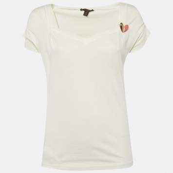 Pre Owned Louis Vuitton Cream Jersey Heart Brooch T-Shirt S