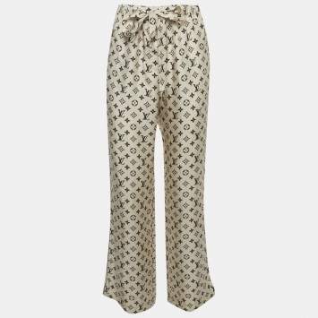 Pre Owned Louis Vuitton White Monogram Print Silk Pajama Pants M