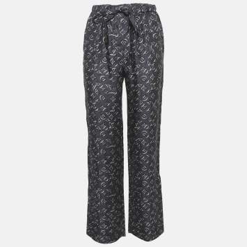 Pre Owned Louis Vuitton Grey Logo Print Silk Trousers S