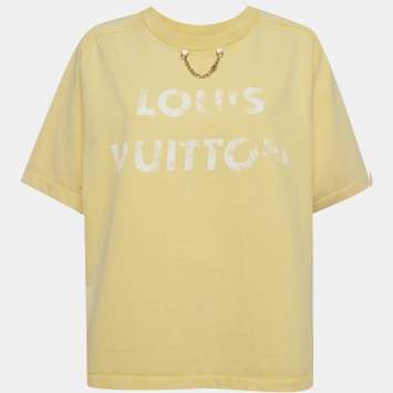 مملوكة مسبقًا تي شيرت لوي فيتون أصفر بطبعة شعار بقصة فضفاضة قطنية مقاس كبير جدًا