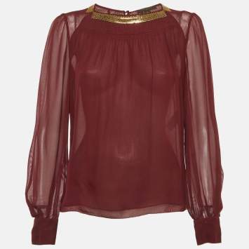 Pre Owned Louis Vuitton Burgundy Sheer Silk Gold Embellished Blouse M