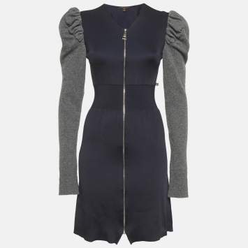 Pre Owned Louis Vuitton Navy Blue/Grey Knit Zip-Up Mini Dress XS