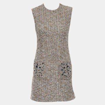 Pre Owned Louis Vuitton Tweed Sleeveless Dress With Embellished Pockets