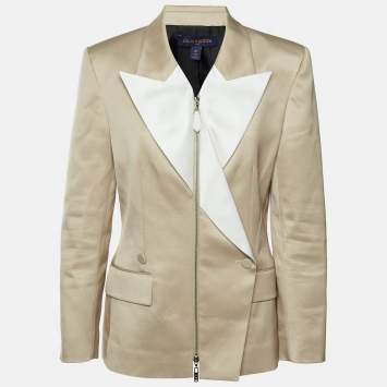 Pre Owned Louis Vuitton Two Tone Wool & Silk Asymmetric Zip Up Blazer M