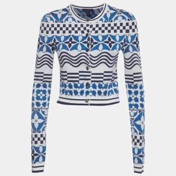Pre Owned Louis Vuitton Blue Tile Monogram Knit Button Front Cardigan S