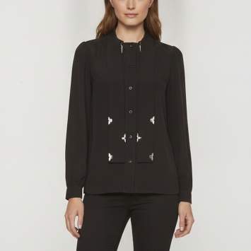Pre Owned Louis Vuitton Black Silk-Crepe Monogram Accent Lavallière Blouse S