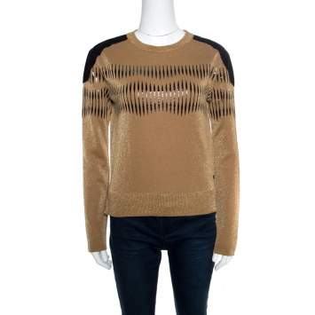 Pre Owned Louis Vuitton Brown Lurex Knit Contrast Suede Shoulder Patch Detail Cropped Sweater XS