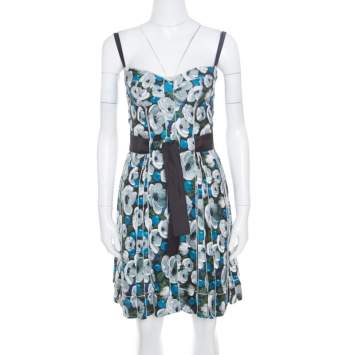 Pre Owned Louis Vuitton Floral Printed Silk Belted Pleated Bustier Dress S