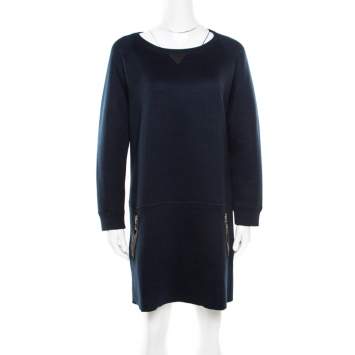 Pre Owned Louis Vuitton Navy Blue Knit Leather Pocket Trim Detail Long Sleeve Dress L