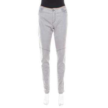 Pre Owned Louis Vuitton Grey Quilted Monogram Embroidered Stretch Jeans L
