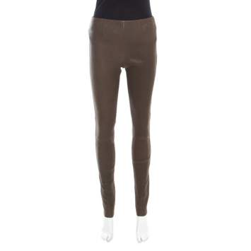 Pre Owned Louis Vuitton Olive Green Textured Lamb Leather Pants M