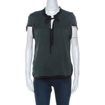 Pre Owned Louis Vuitton Green Monogram Embossed Silk Tie Neck Short Sleeve Top M