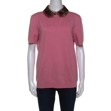 Pre Owned Louis Vuitton Pink Knit Sequin Embellished Detachable Collar Top L