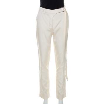 Pre Owned Louis Vuitton Cream Wool and Silk Blend Belted Trousers M