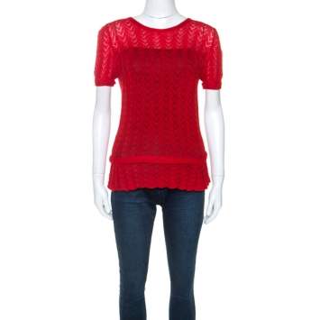 Pre Owned Louis Vuitton Red Cashmere Knit Peplum Top XL