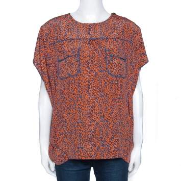 Pre Owned Louis Vuitton Orange & Blue Leopard Print Silk Oversized Blouse M
