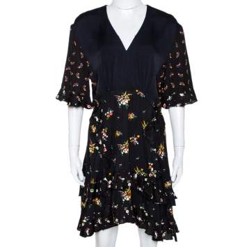 Pre Owned Louis Vuitton Black Floral Print Crepe Ruffled Dress M