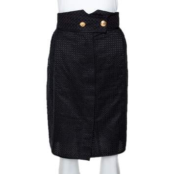 Pre Owned Louis Vuitton Black Cotton & Silk Lace Paneled Fitted Skirt S