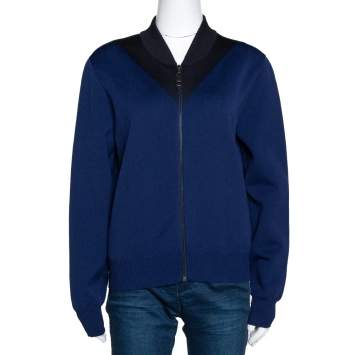 Pre Owned Louis Vuitton Navy & Black Wool Blend Zip Front Cardigan L