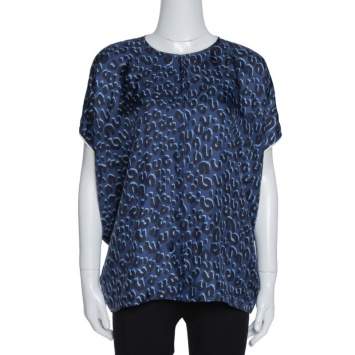 Pre Owned Louis Vuitton Dark Blue Leopard Print Silk Contrast Trim Blouse L