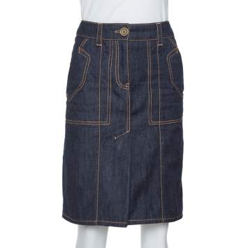 Pre Owned Louis Vuitton Dark Blue Denim Pleat Detail Skirt S