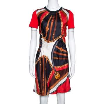Pre Owned Louis Vuitton Black & Red Chain Link Print Silk Crew Neck Dress XS