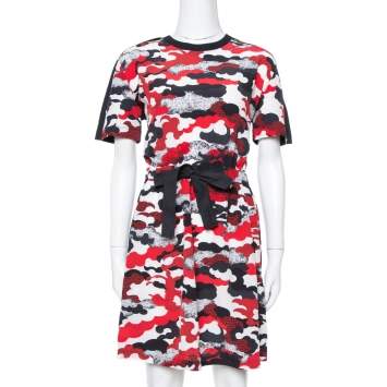 Pre Owned Louis Vuitton Red Printed Silk & Cotton Tie Front Dress M