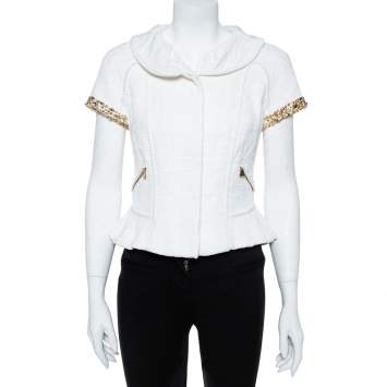 Pre Owned Louis Vuitton White Cotton Blend Jewel and Pearl Embellished Short Sleeve Jacket M