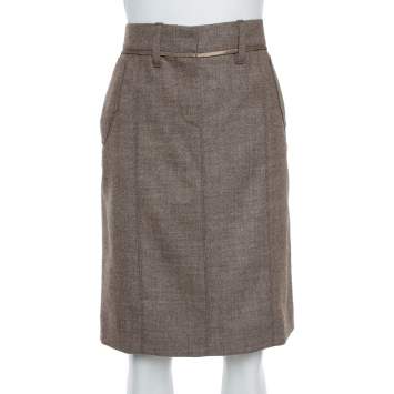 Pre Owned Louis Vuitton Beige Wool Herringbone Pencil Skirt M
