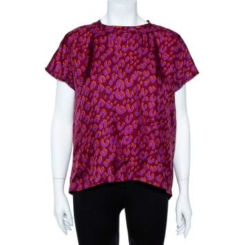 Pre Owned Louis Vuitton Bordeaux Leopard Print Silk Blouse M